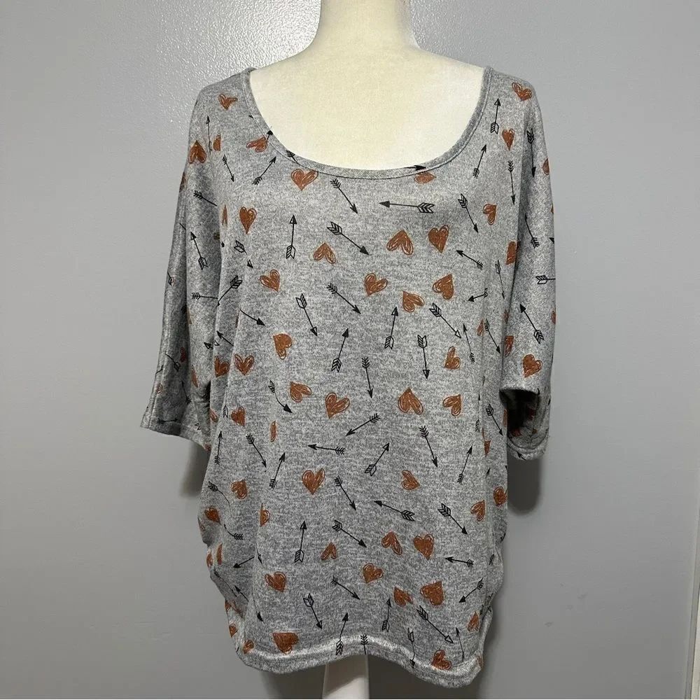 Tempted LA Size 3X Gray Hearts Polyester Blend Sweater Bow Detail